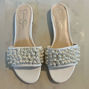 White beaded Jessica Simpson sandals (size 9)